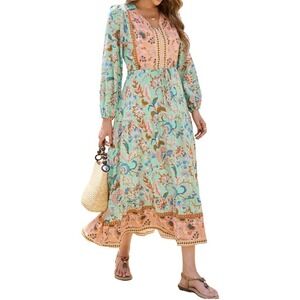 R Vivimos Women Boho Cottage Midi Dress XL Aqua Floral Tassel Peasant Flowy